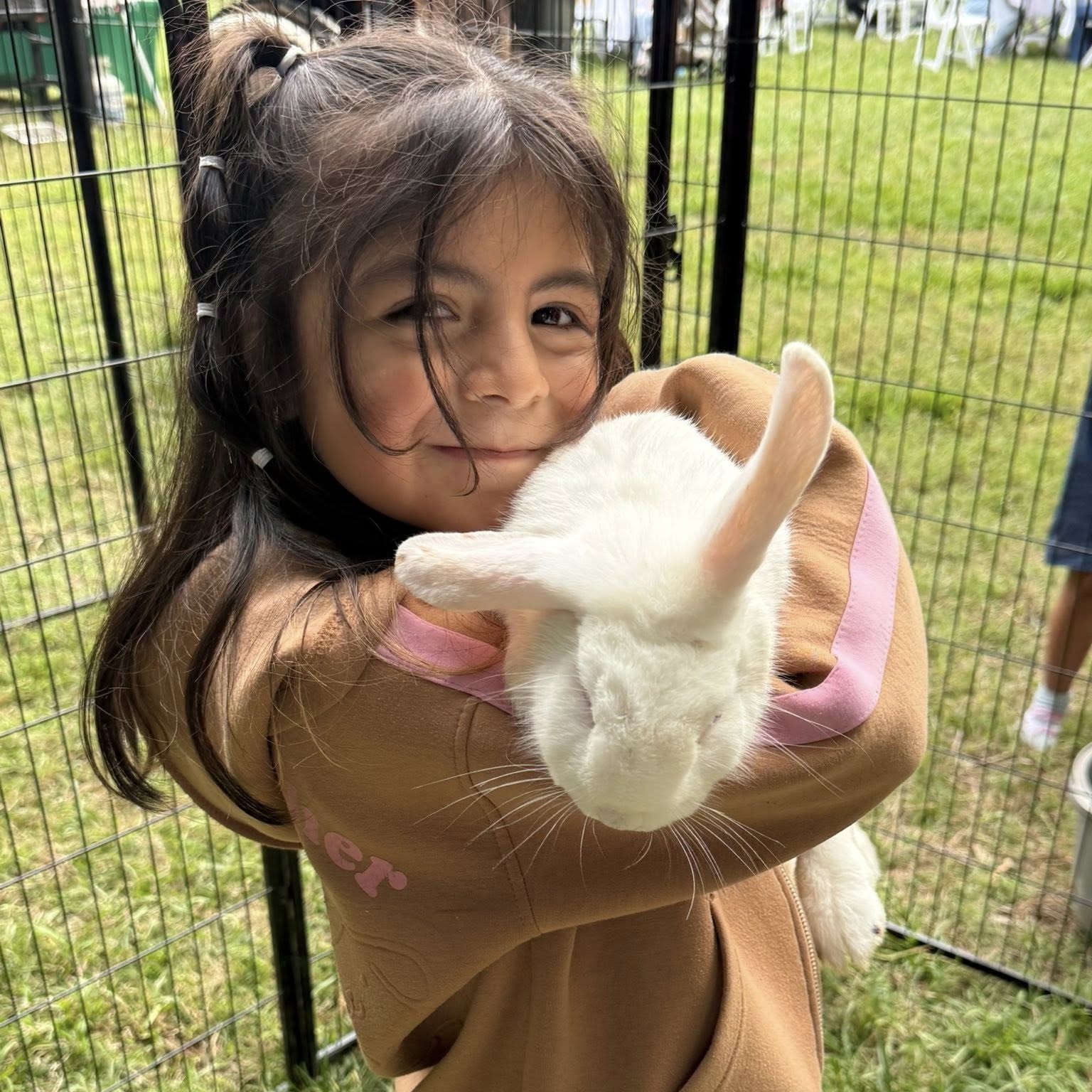 Child holding a white rabbit at the petting zoo